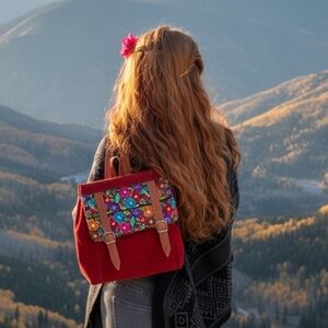 Flowered embroidered artisan red suede backpack boho hippie vintage look